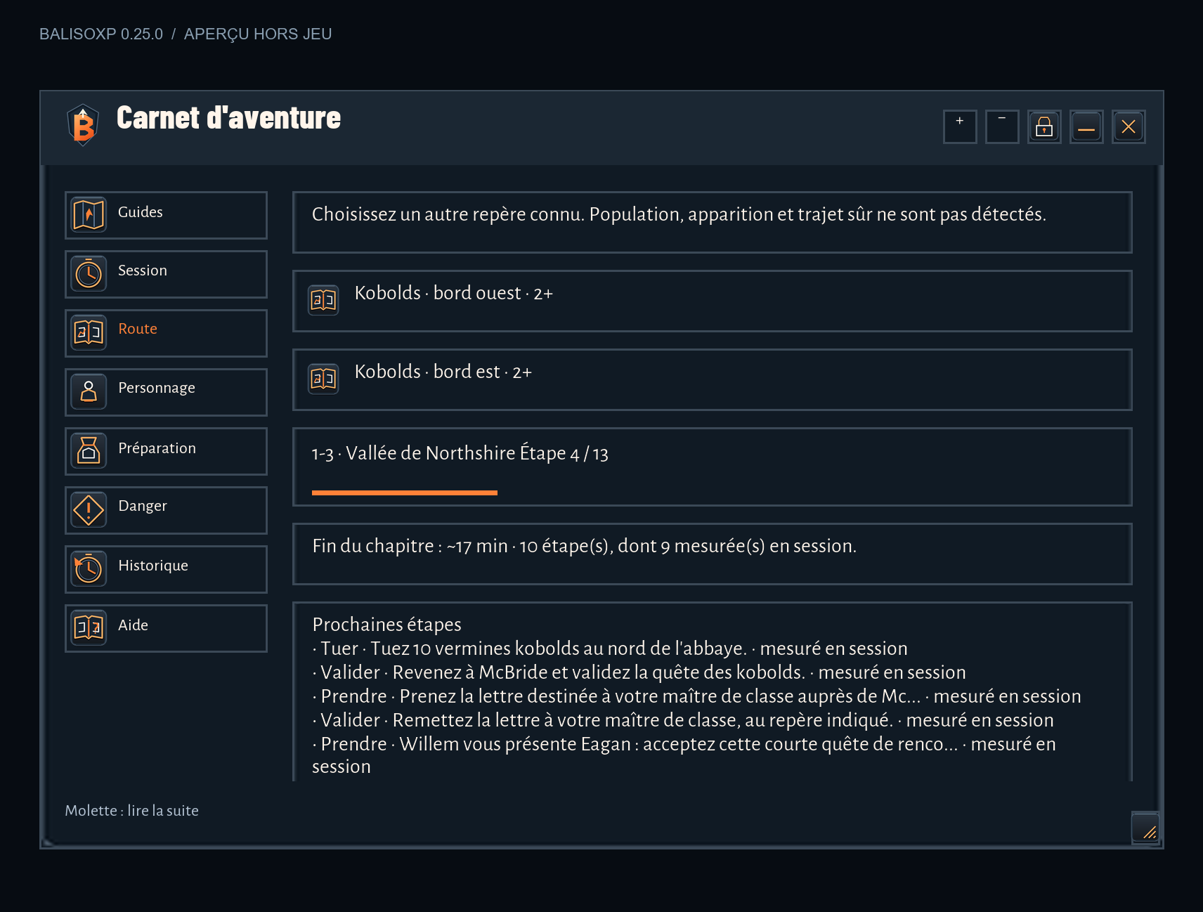 Choix manuel de repères alternatifs dans le carnet, aperçu hors jeu