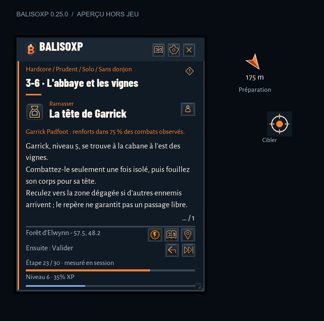 Panneau Brasier de BalisoXP : préparation de la quête de Garrick. Aperçu hors jeu.