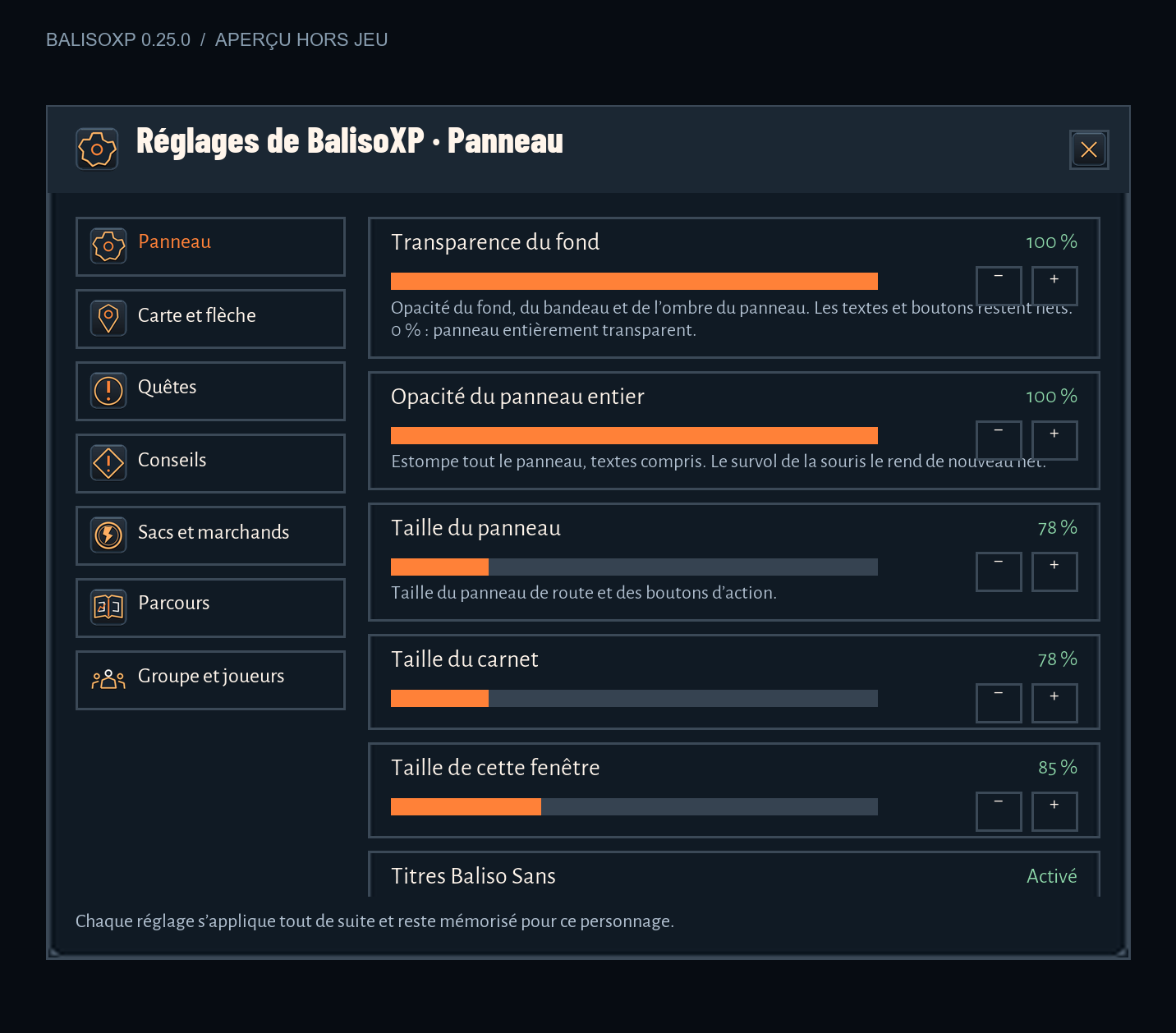 Votre espace : aperçu du moteur BalisoXP 0.21.0 hors jeu